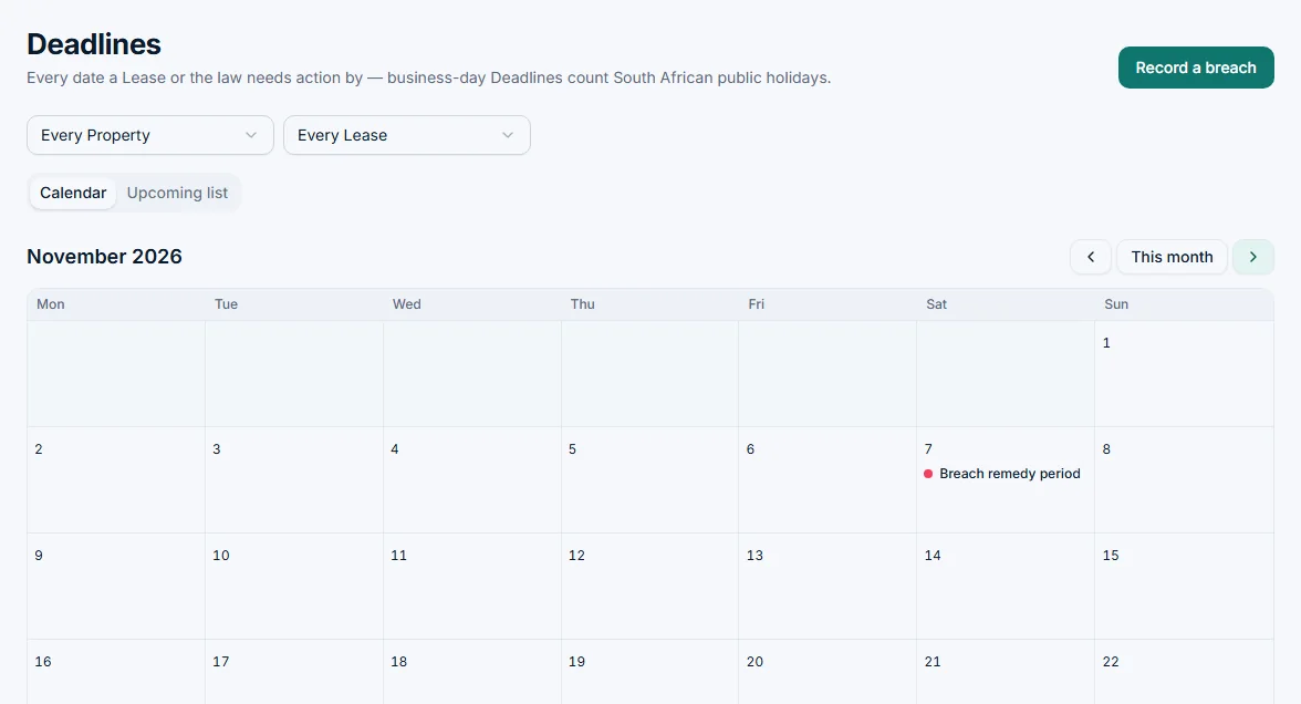 Deadlines calendar for November 2026 with a breach remedy period marked