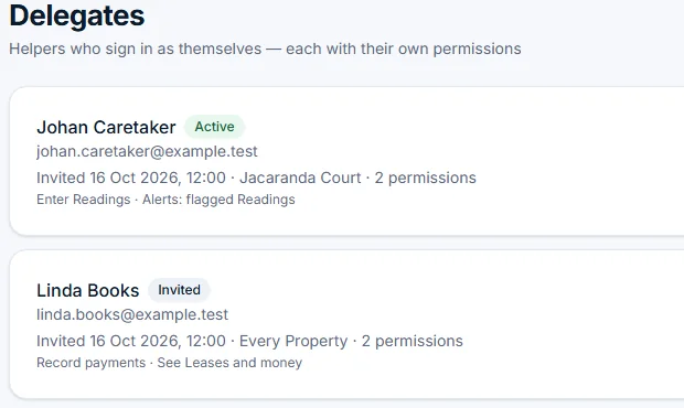 Delegates list showing a caretaker and a bookkeeper with their permissions