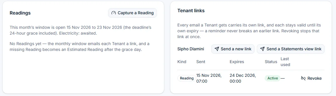 Lease page showing Readings and Tenant links with Send a new link and Revoke buttons