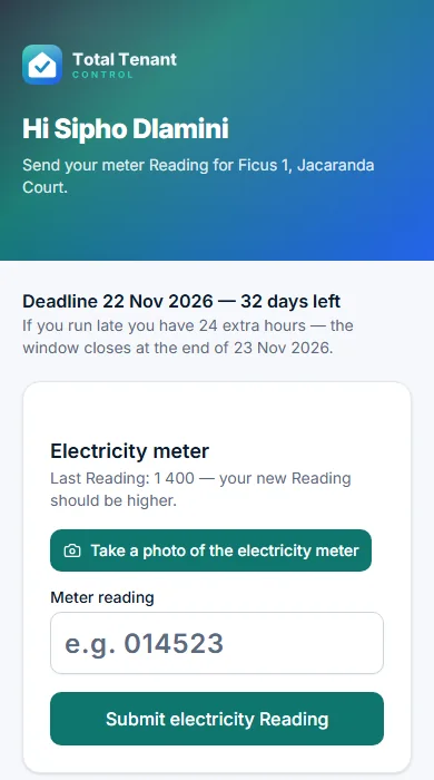 Tenant Reading page on a phone with a camera button and a meter reading box
