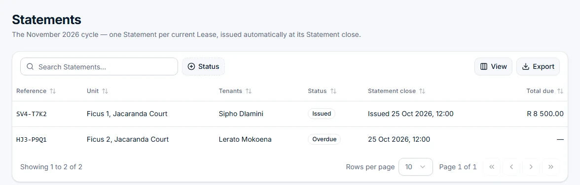 Statements screen listing every current Lease for the cycle with status and total due